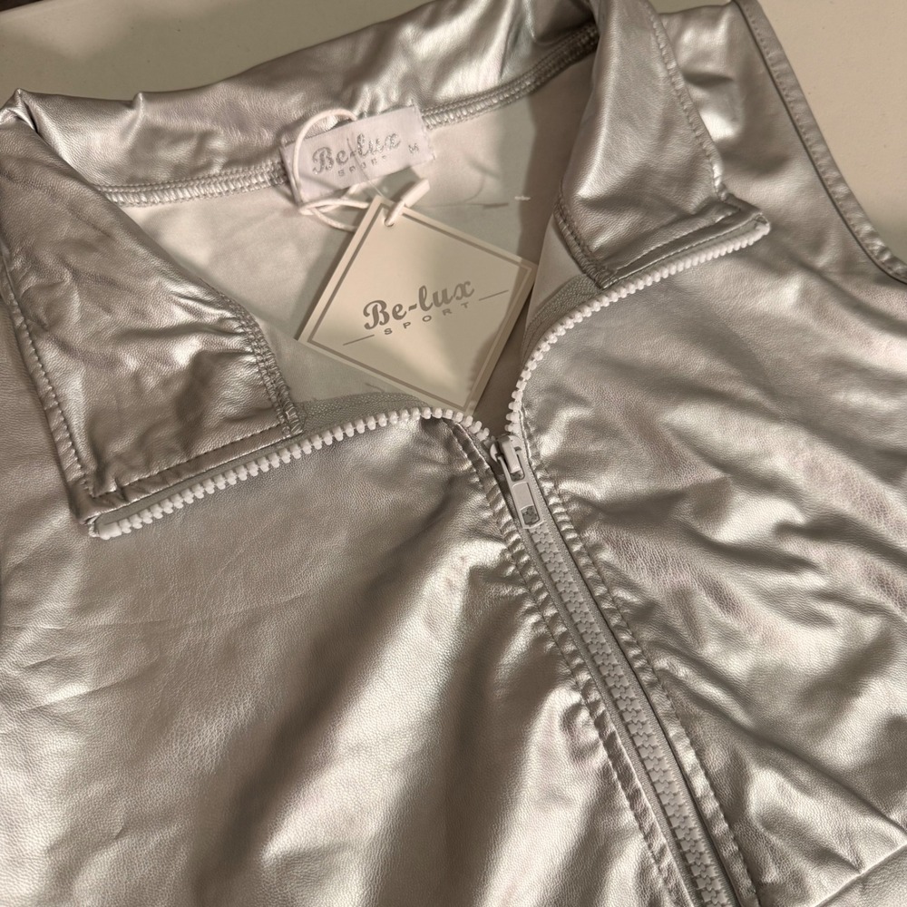 Be-lux Sport Silver Metallic Faux Leather Zip Up Crop Vest Top Rave Festival M